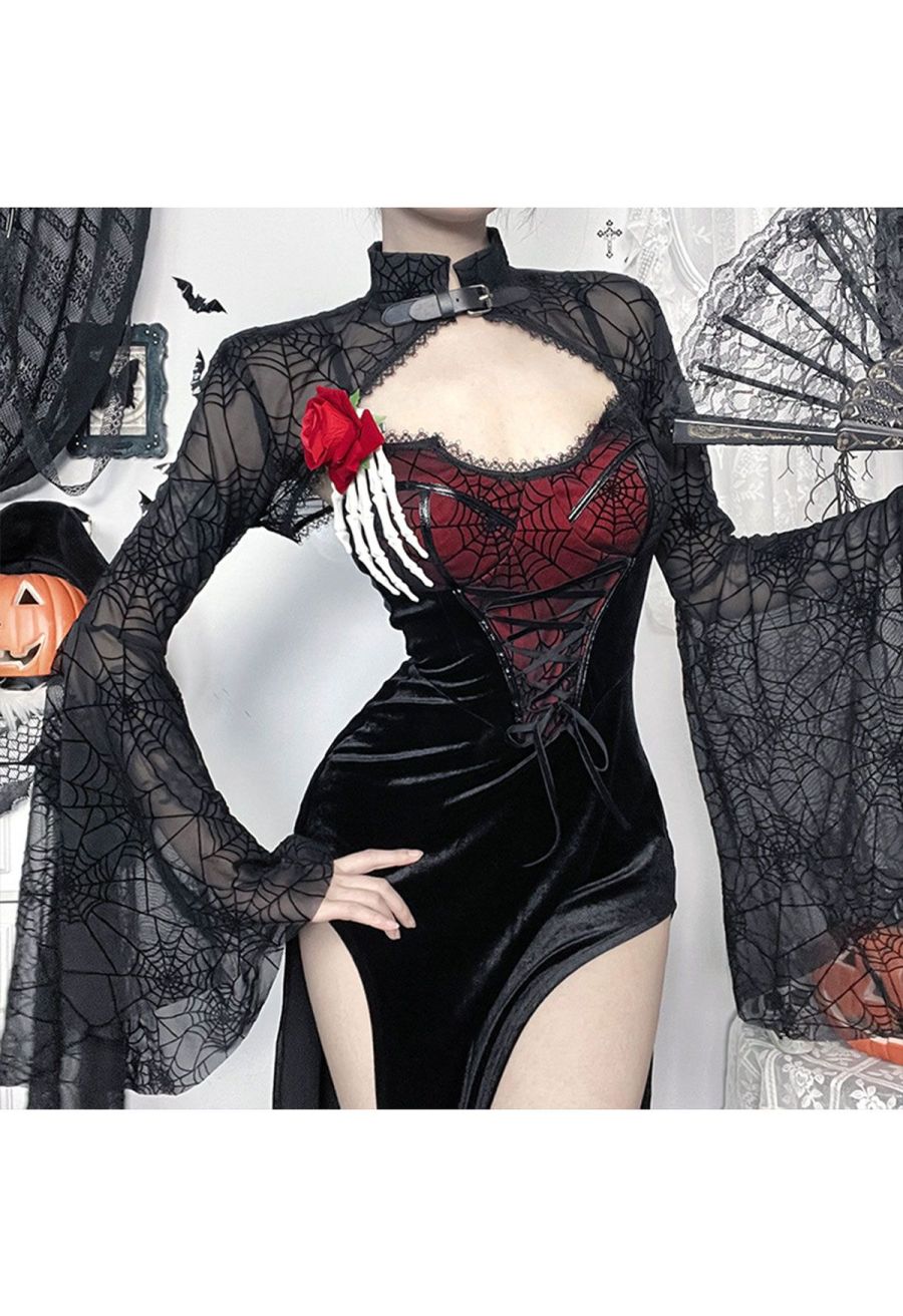 Gothic Spider Web Spliced Velvet Slit Dress