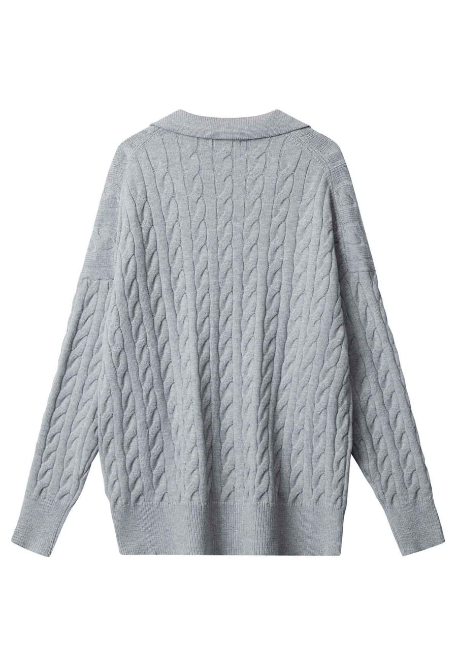 Polo V-Neck Cable Knit Sweater in Grey