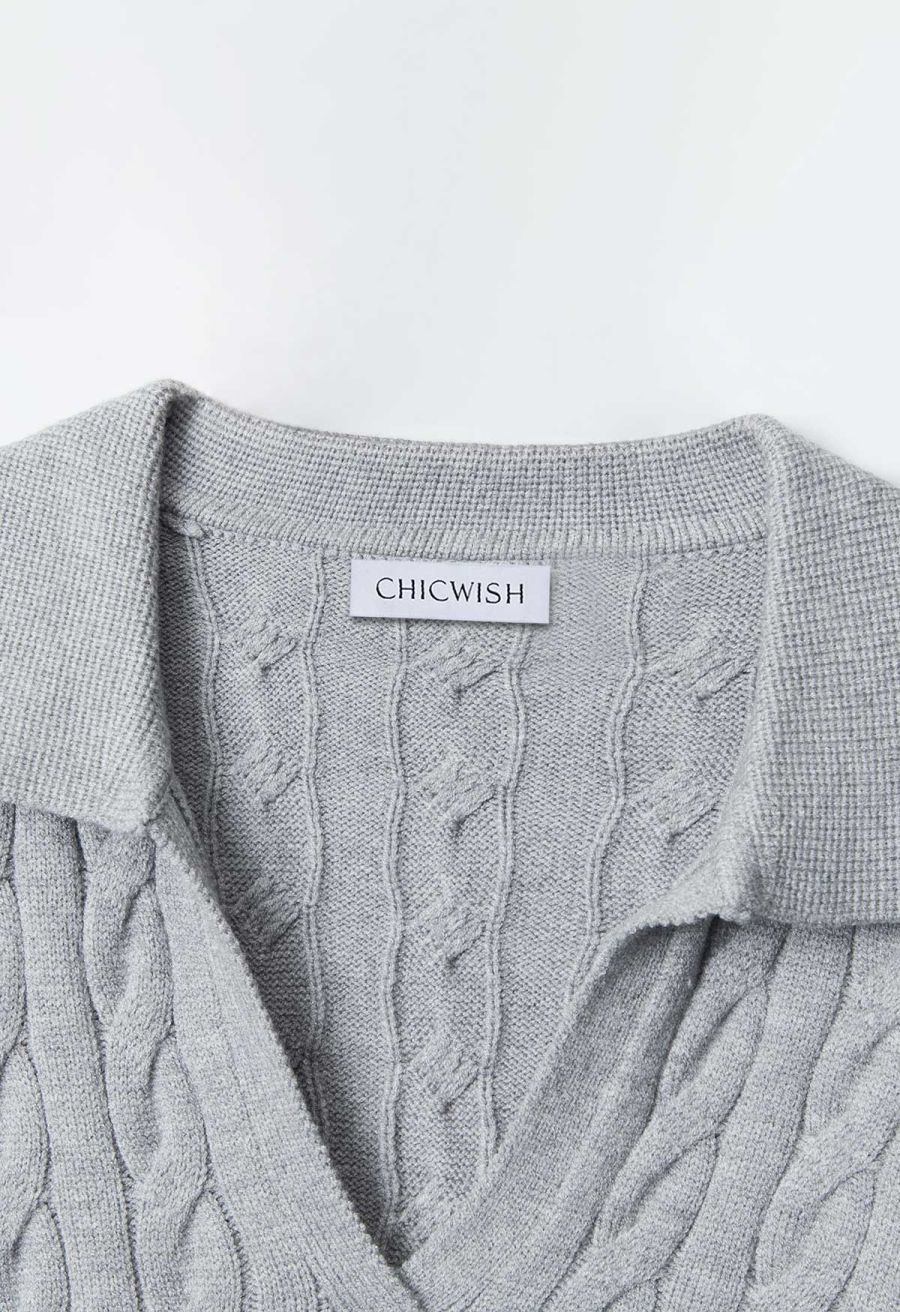 Polo V-Neck Cable Knit Sweater in Grey