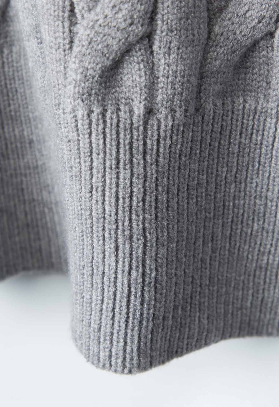 Polo V-Neck Cable Knit Sweater in Grey
