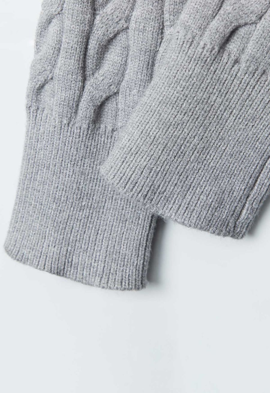 Polo V-Neck Cable Knit Sweater in Grey
