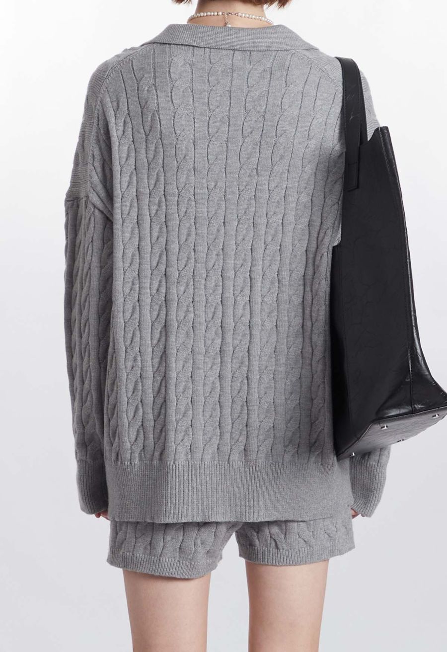 Polo V-Neck Cable Knit Sweater in Grey