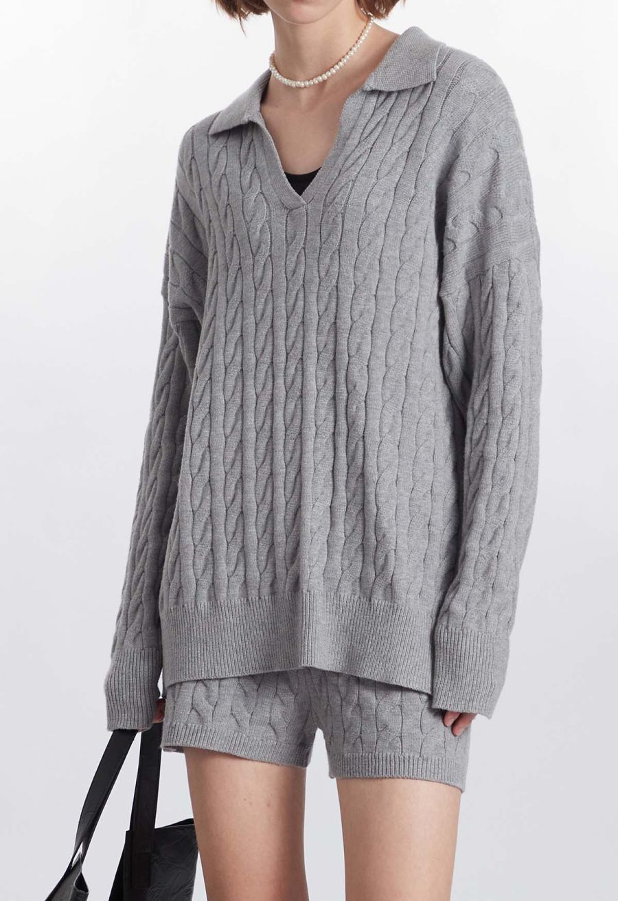 Polo V-Neck Cable Knit Sweater in Grey