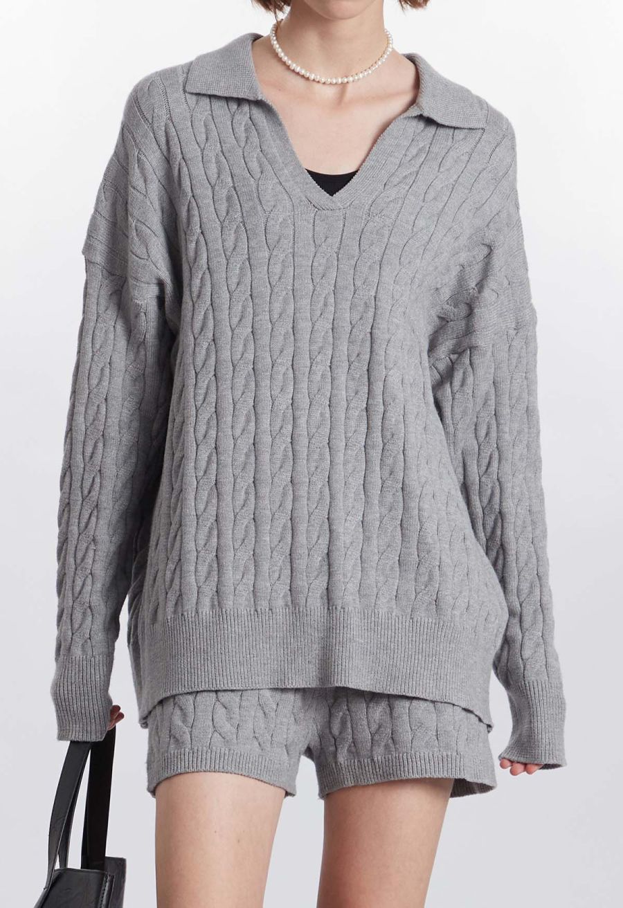 Polo V-Neck Cable Knit Sweater in Grey