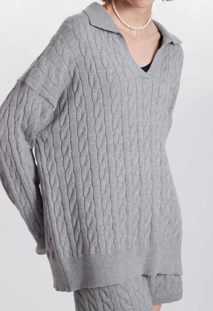 Polo V-Neck Cable Knit Sweater in Grey