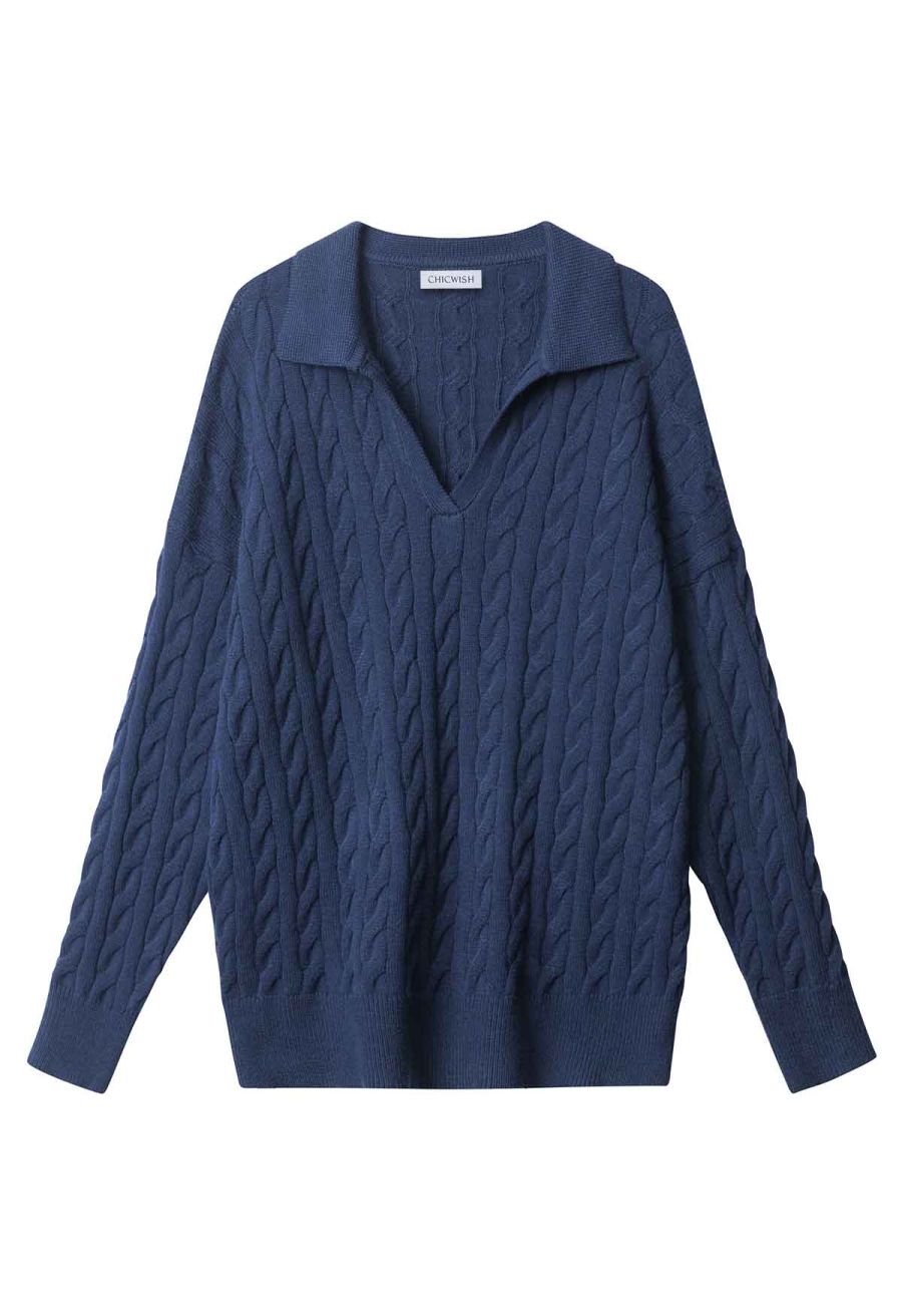 Polo V-Neck Cable Knit Sweater in Navy