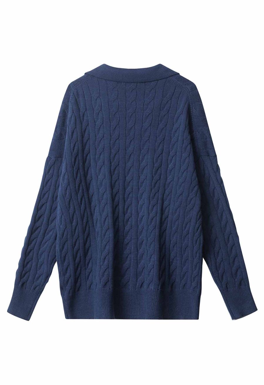 Polo V-Neck Cable Knit Sweater in Navy