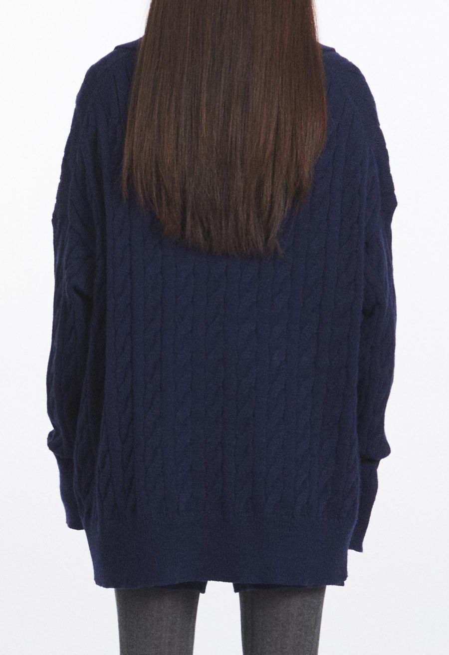 Polo V-Neck Cable Knit Sweater in Navy