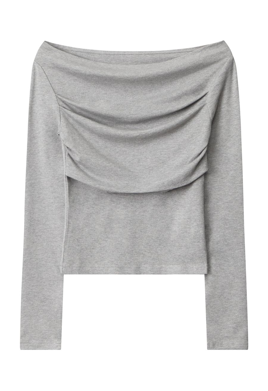 Ruched Front Off-Shoulder Long Sleeve Top in Grey