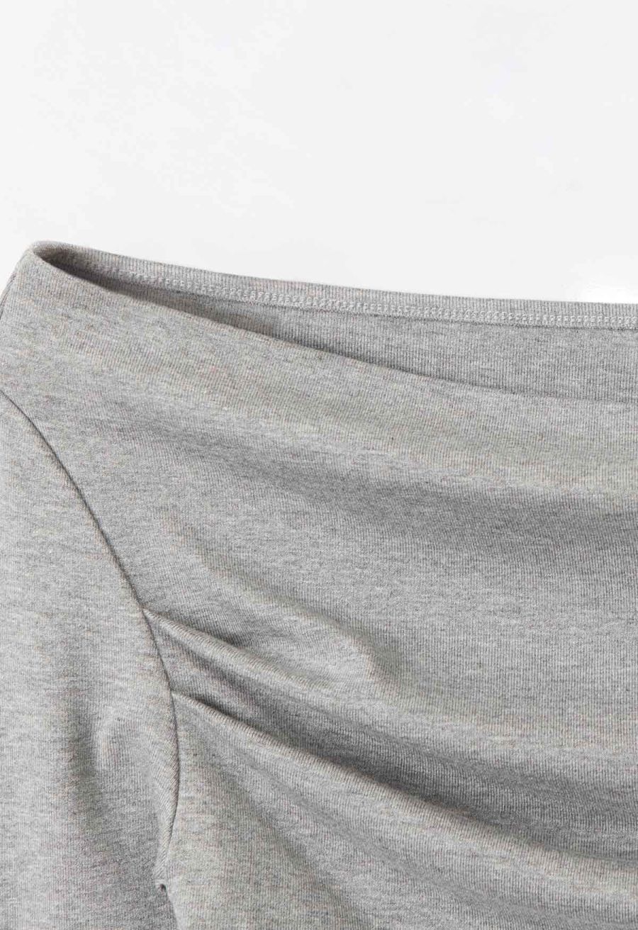 Ruched Front Off-Shoulder Long Sleeve Top in Grey