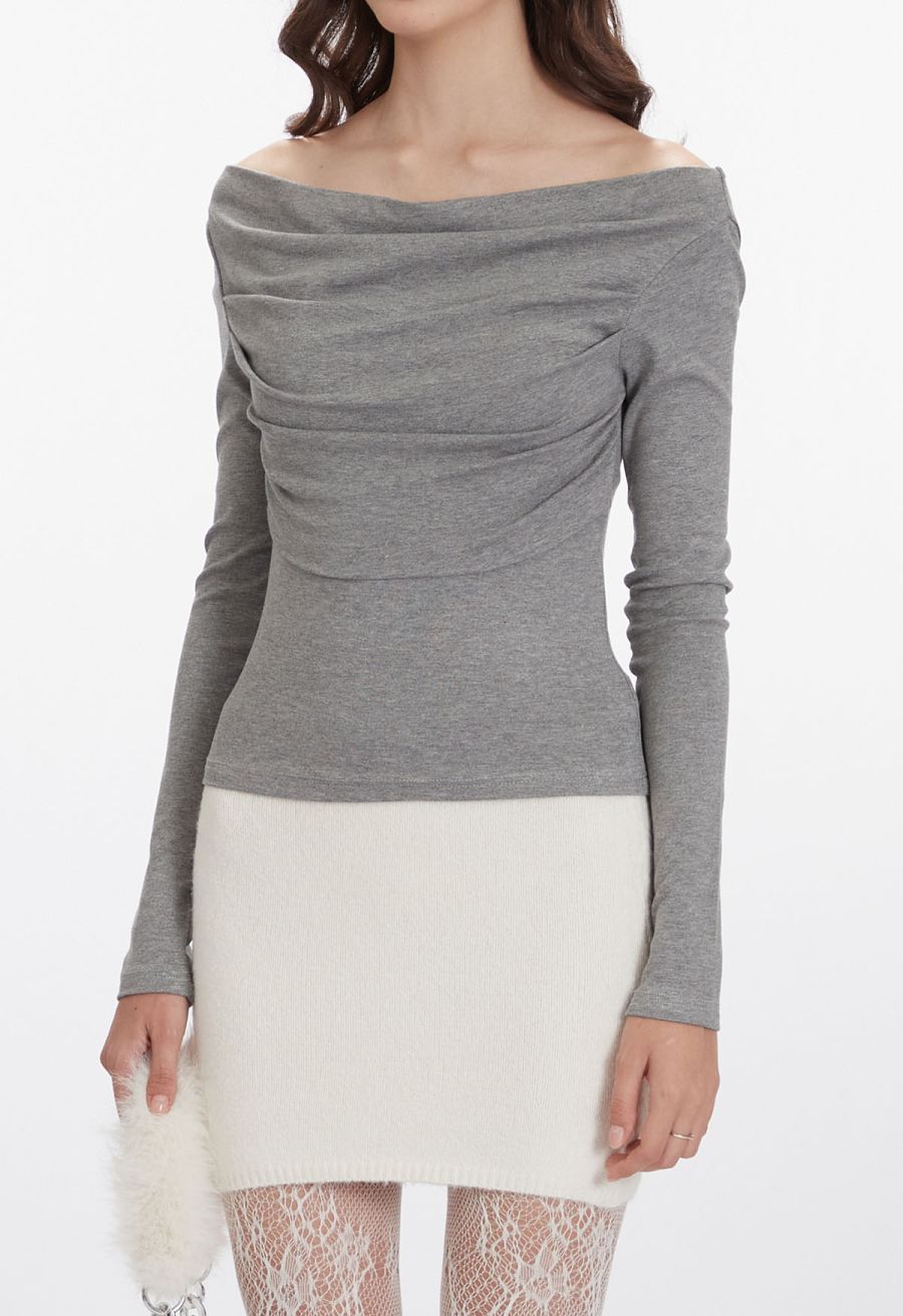 Ruched Front Off-Shoulder Long Sleeve Top in Grey