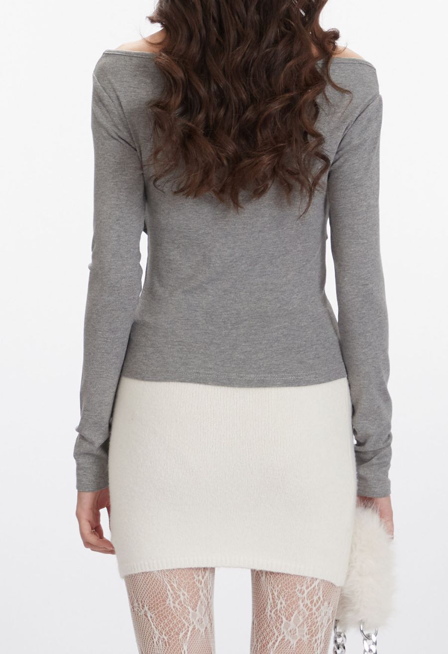 Ruched Front Off-Shoulder Long Sleeve Top in Grey