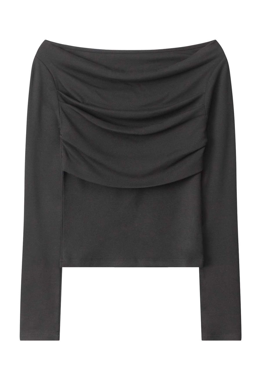 Ruched Front Off-Shoulder Long Sleeve Top in Black