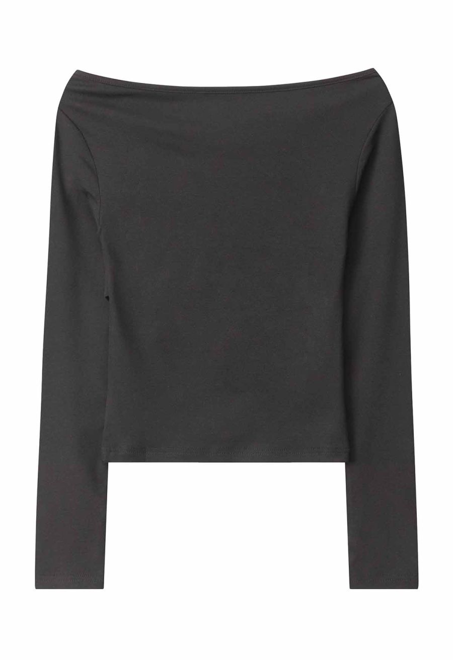 Ruched Front Off-Shoulder Long Sleeve Top in Black