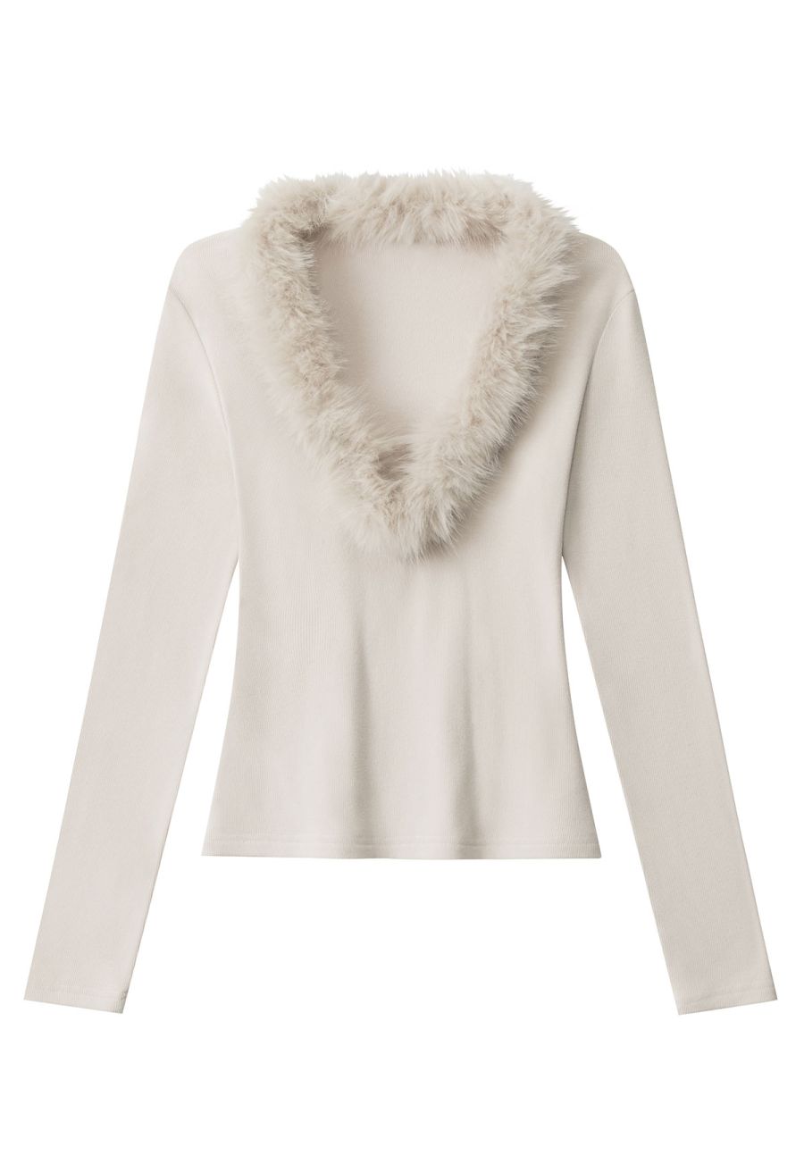 Fuzzy Plunge V-Neck Fitted Top in Ivory