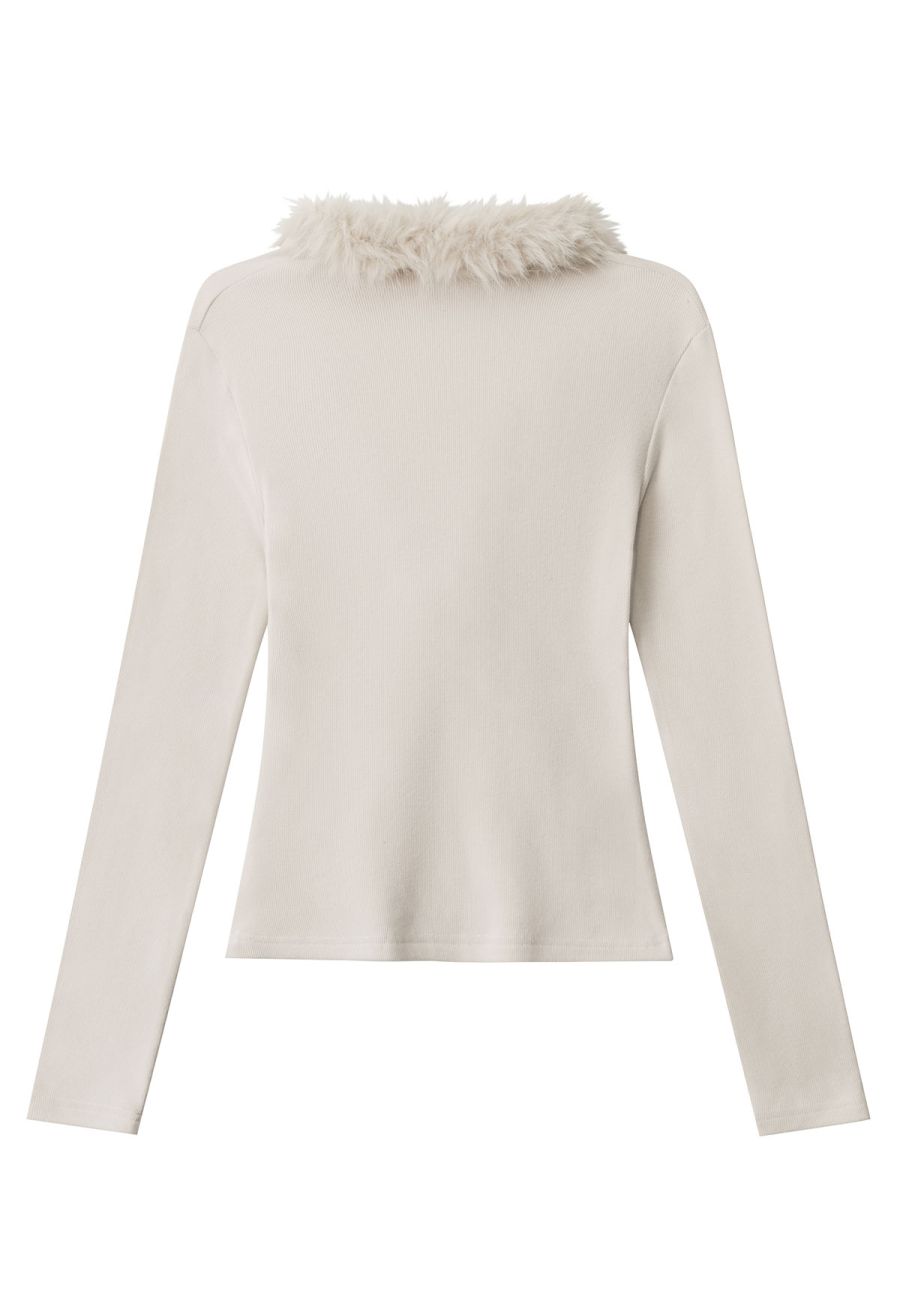 Fuzzy Plunge V-Neck Fitted Top in Ivory