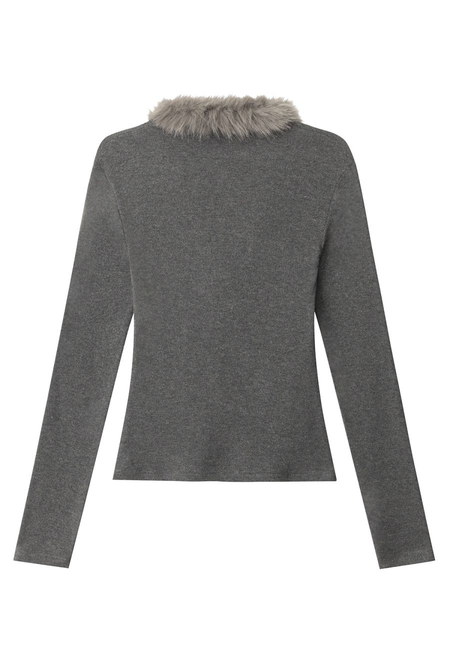 Fuzzy Plunge V-Neck Fitted Top in Smoke