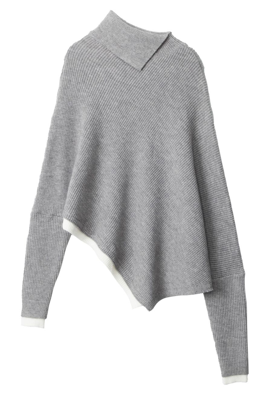 Flap Collar Asymmetric Hem Ribbed Poncho in Grey