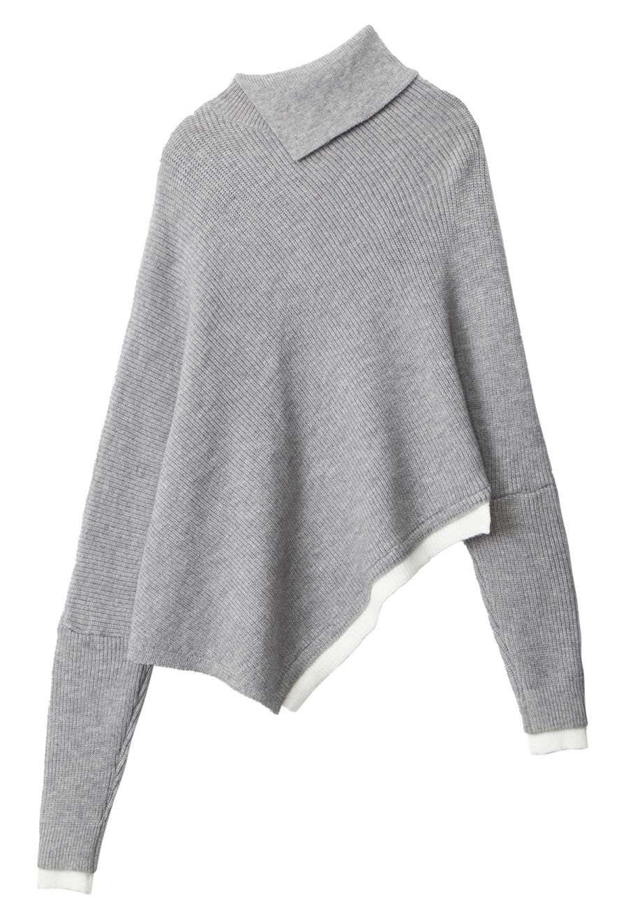 Flap Collar Asymmetric Hem Ribbed Poncho in Grey