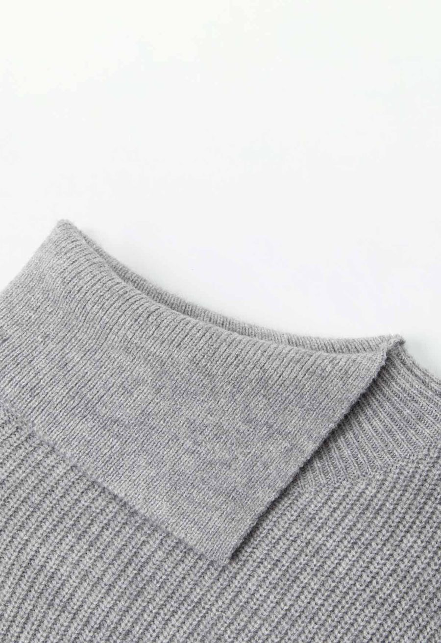 Flap Collar Asymmetric Hem Ribbed Poncho in Grey