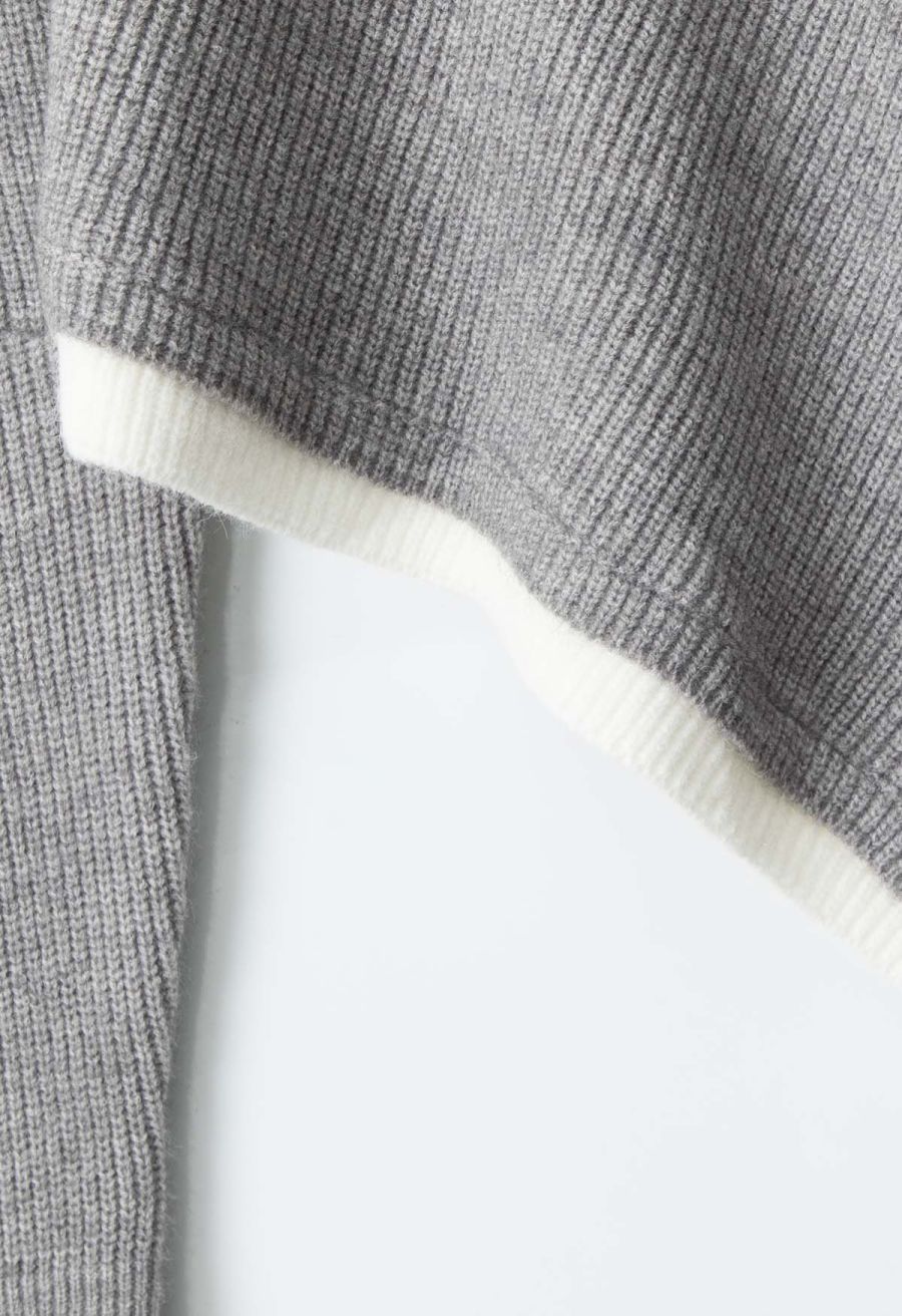 Flap Collar Asymmetric Hem Ribbed Poncho in Grey