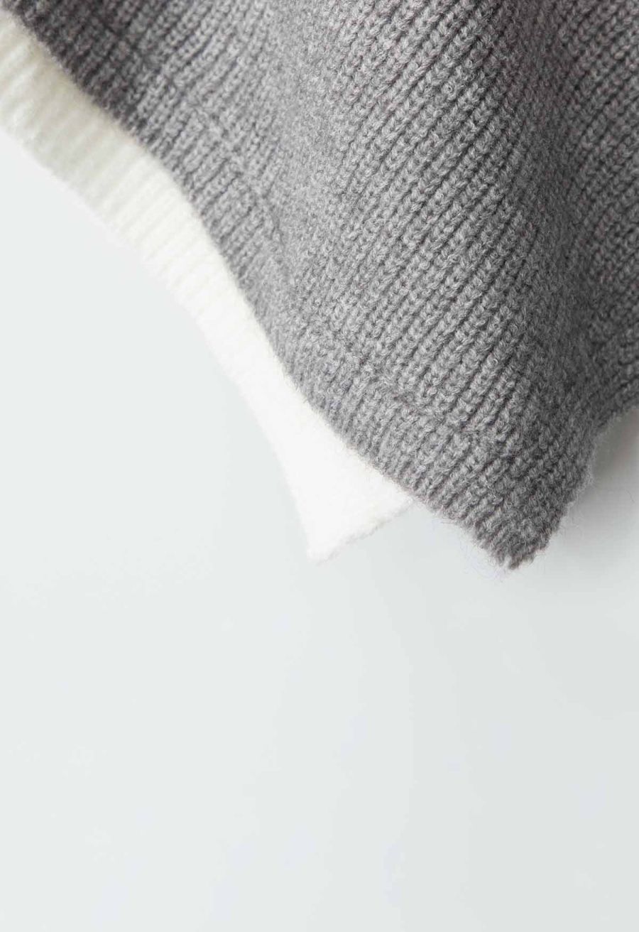 Flap Collar Asymmetric Hem Ribbed Poncho in Grey