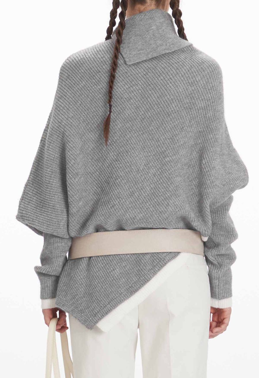 Flap Collar Asymmetric Hem Ribbed Poncho in Grey