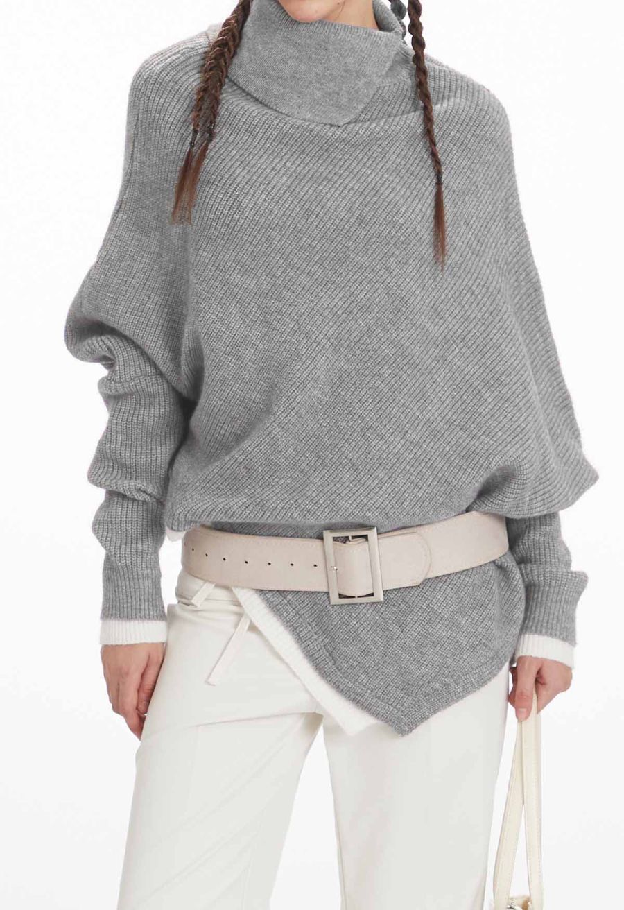 Flap Collar Asymmetric Hem Ribbed Poncho in Grey