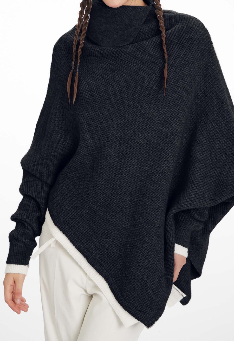 Flap Collar Asymmetric Hem Ribbed Poncho in Black