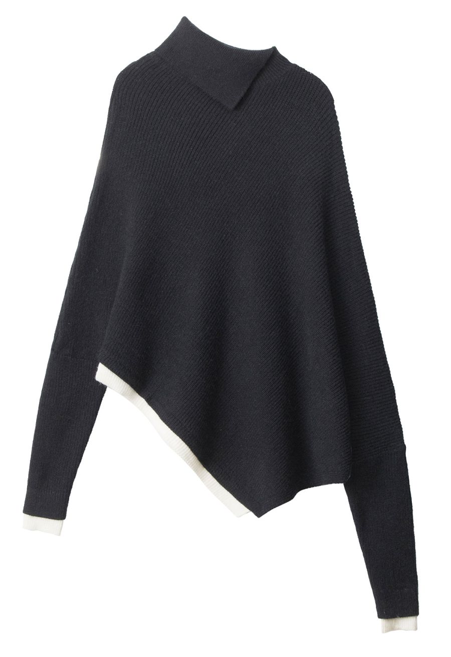 Flap Collar Asymmetric Hem Ribbed Poncho in Black