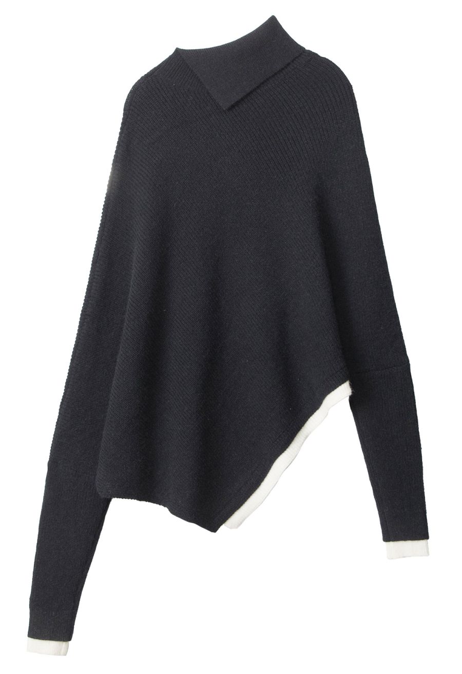 Flap Collar Asymmetric Hem Ribbed Poncho in Black