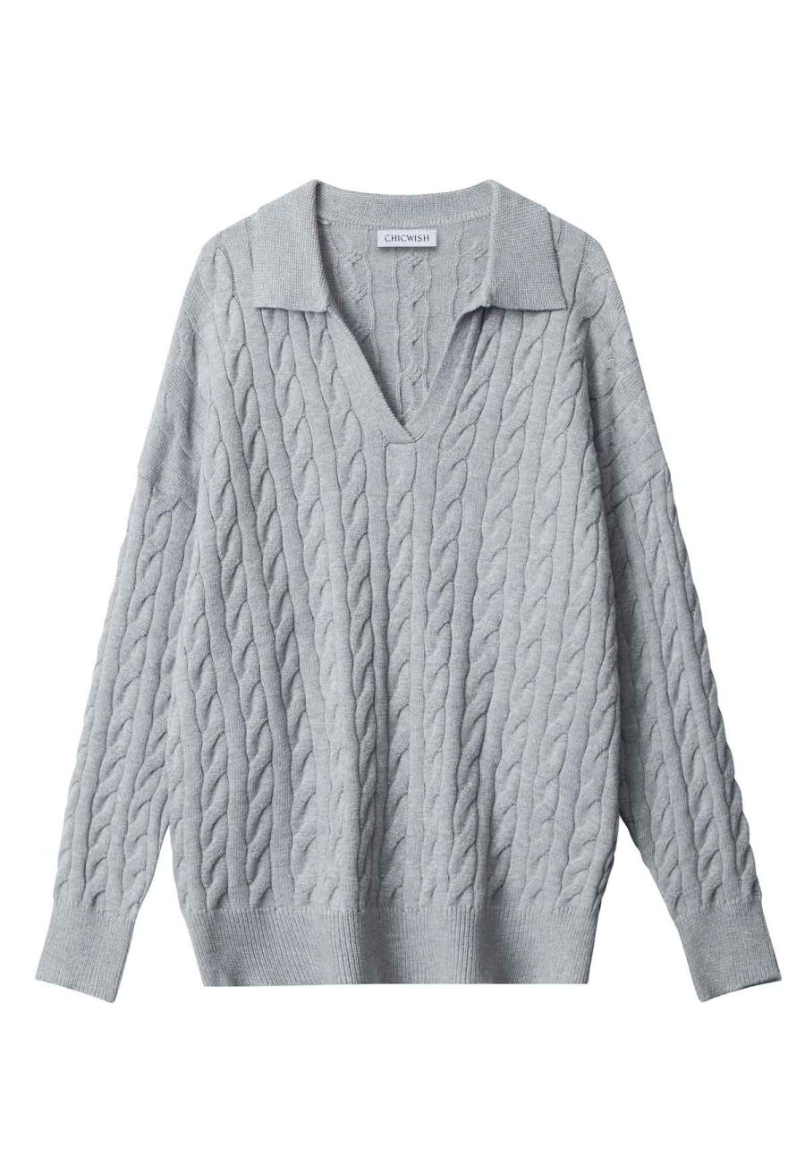 Polo V-Neck Cable Knit Sweater in Grey