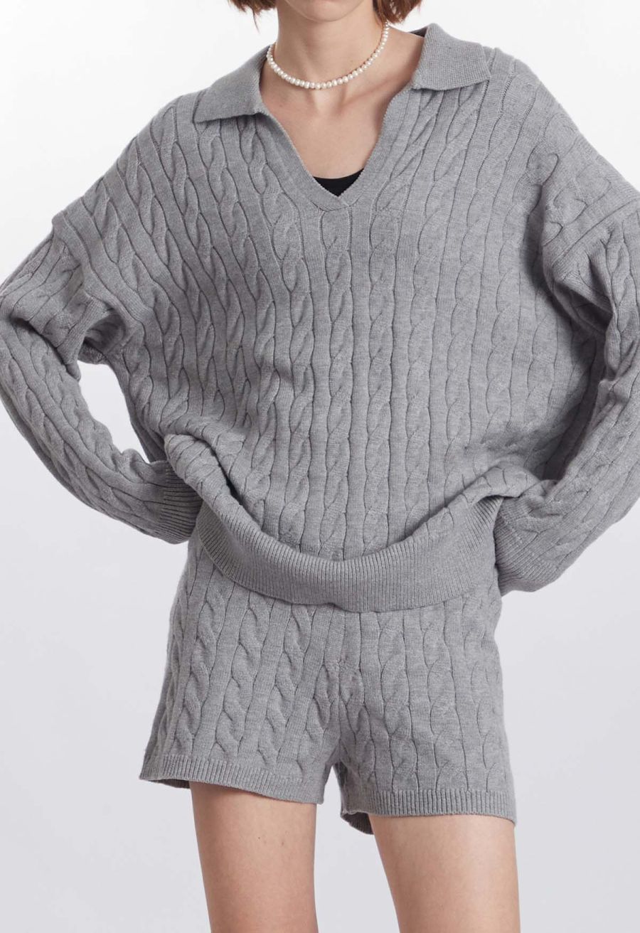 Preppy Style Cable Knit Shorts in Grey
