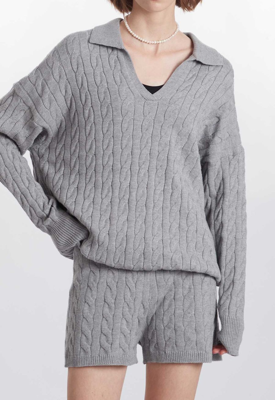 Preppy Style Cable Knit Shorts in Grey