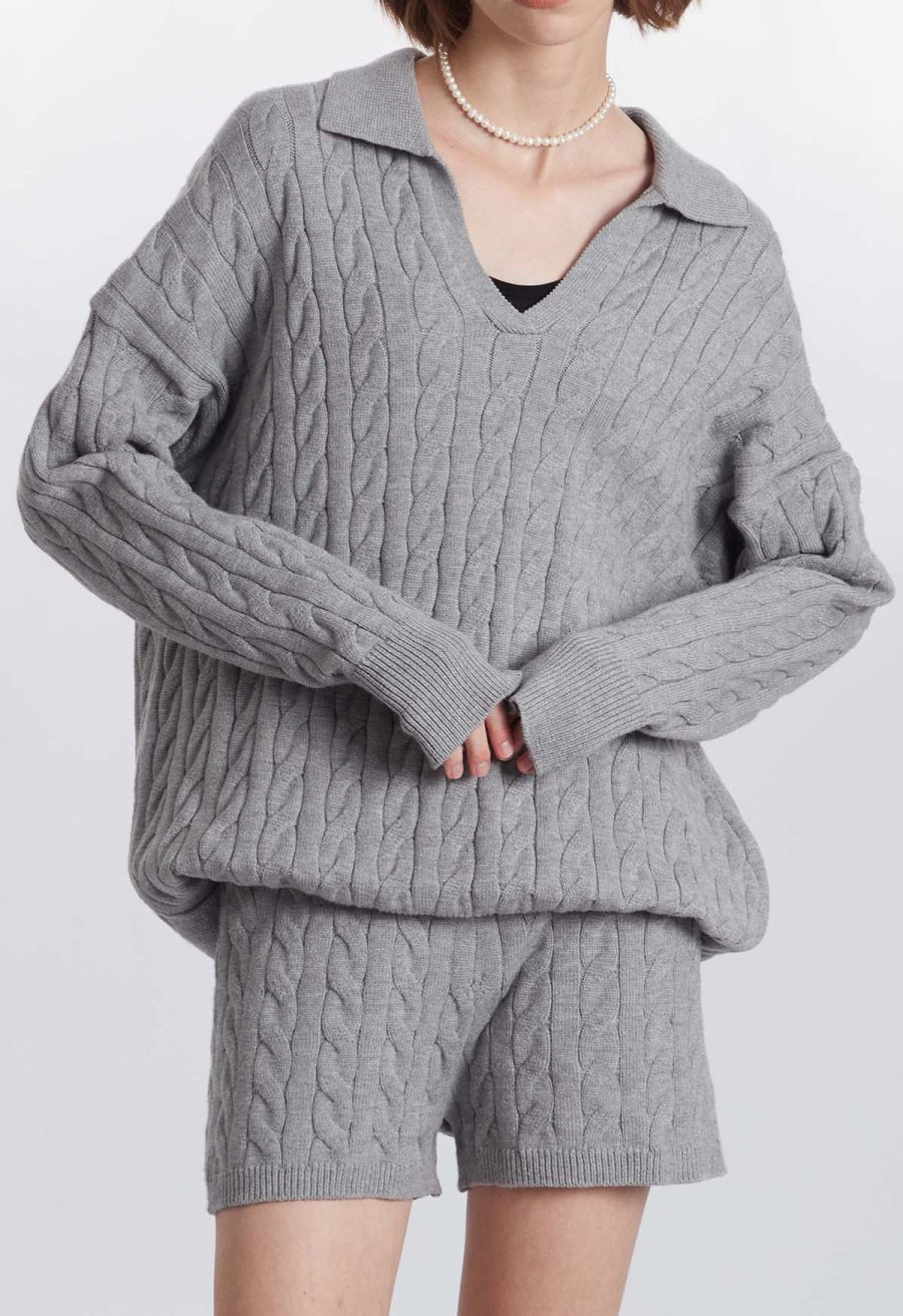 Preppy Style Cable Knit Shorts in Grey