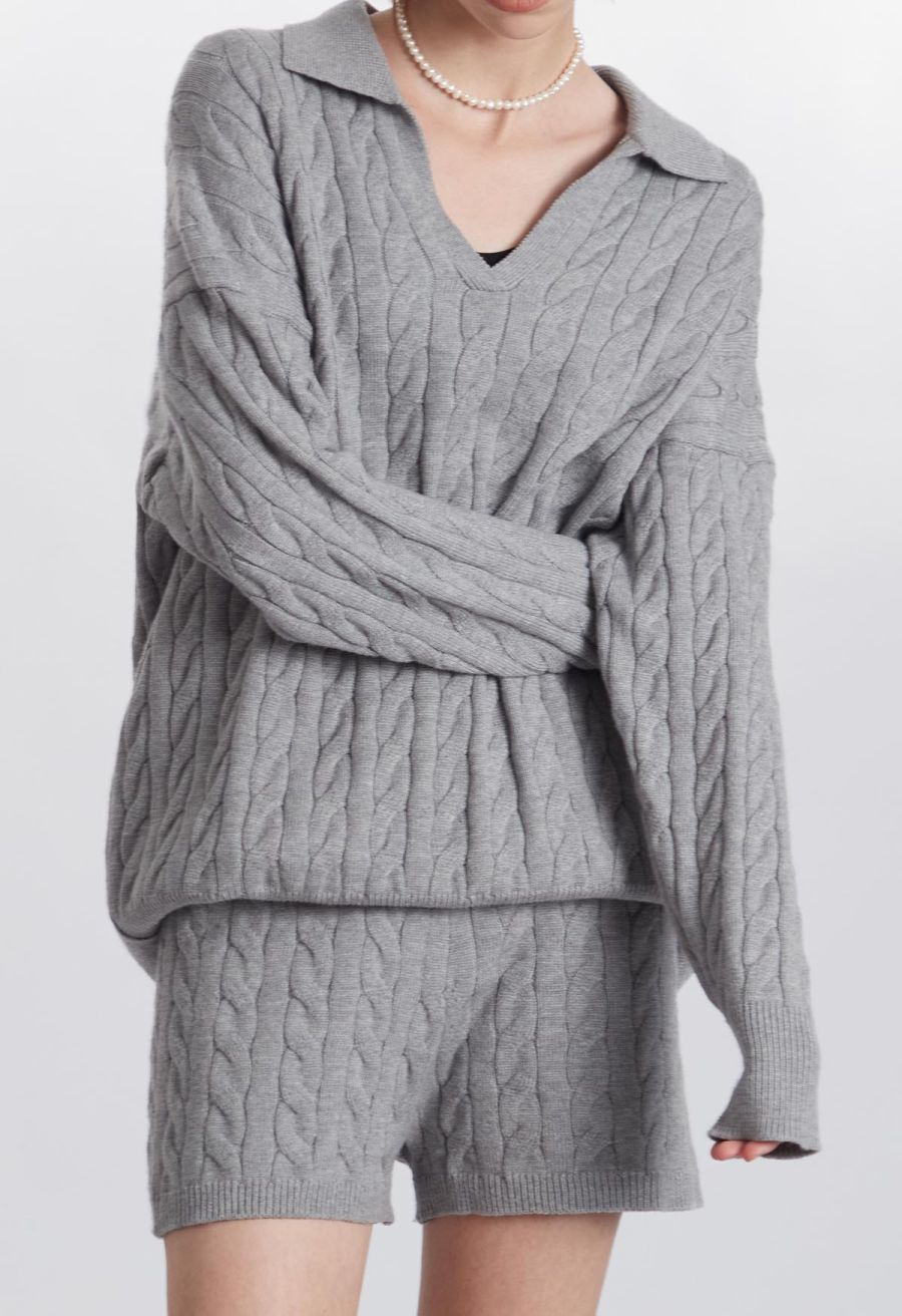 Preppy Style Cable Knit Shorts in Grey