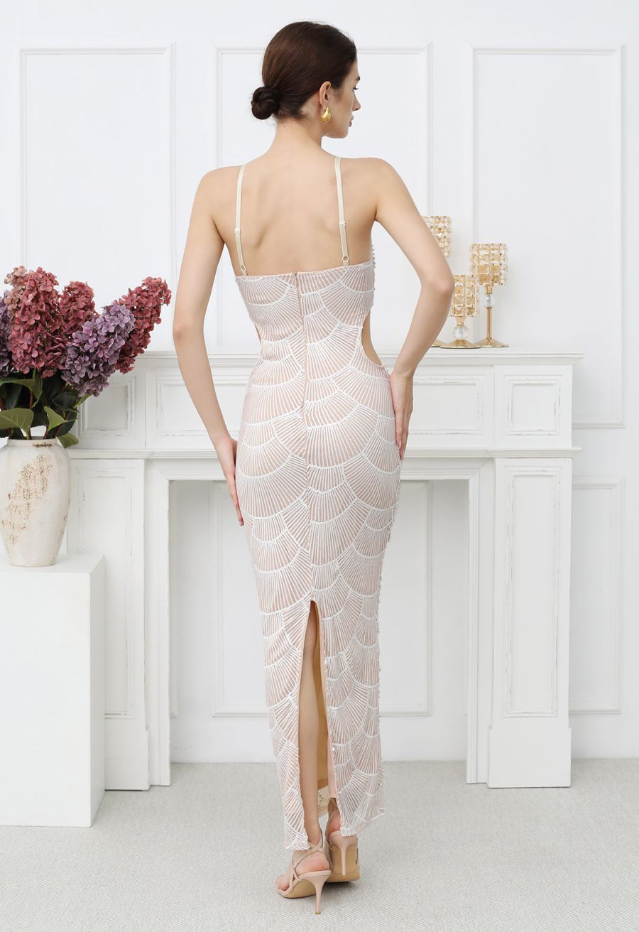 Scallop-Shaped Sequined Pearl Slit Gown in Apricot