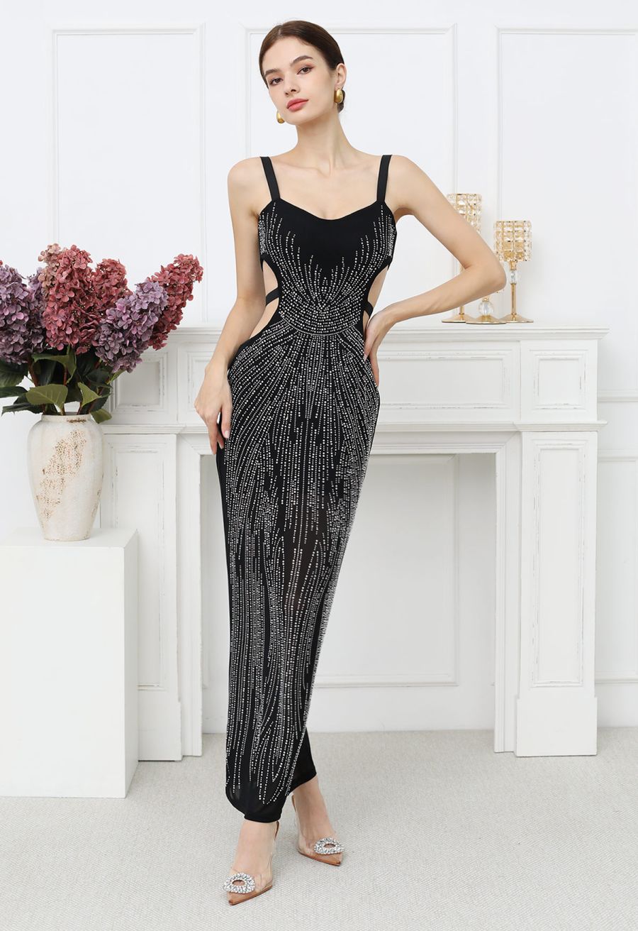 Rhinestone Embellished Cut Out Mesh Cami Gown