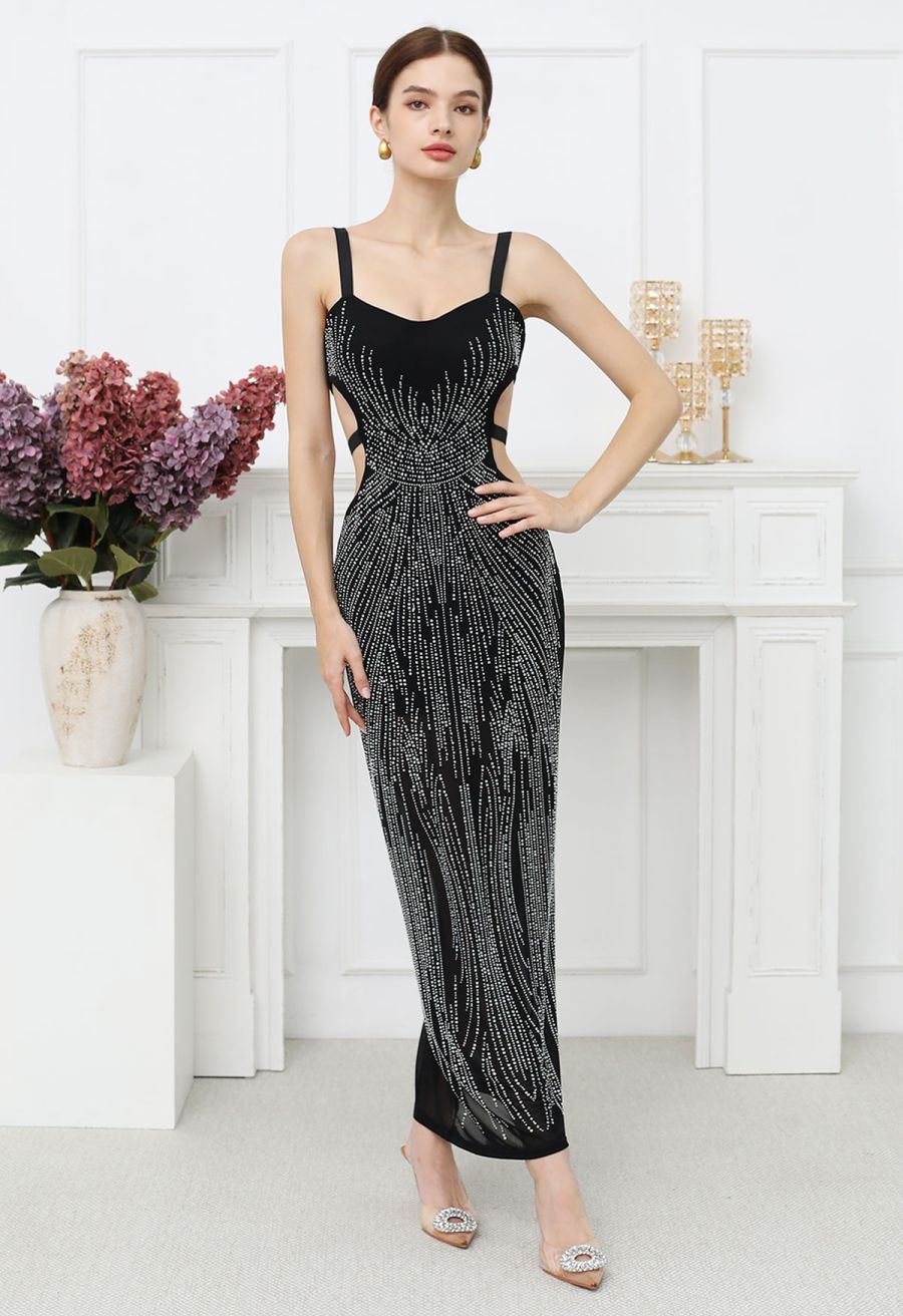 Rhinestone Embellished Cut Out Mesh Cami Gown