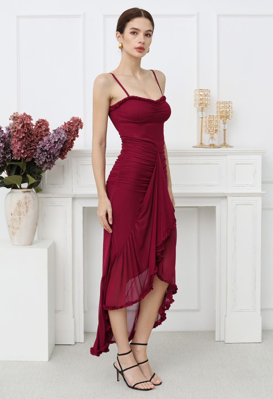 Asymmetric Ruffle Hem Ruched Mesh Cami Dress in Red
