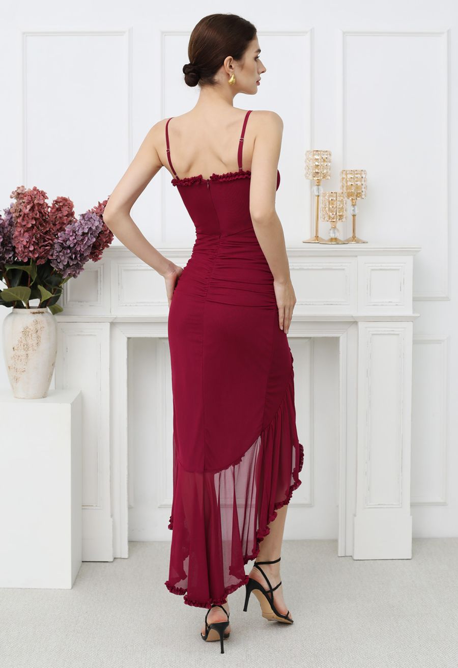 Asymmetric Ruffle Hem Ruched Mesh Cami Dress in Red