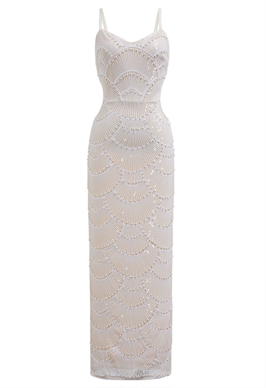 Scallop-Shaped Sequined Pearl Slit Gown in Apricot