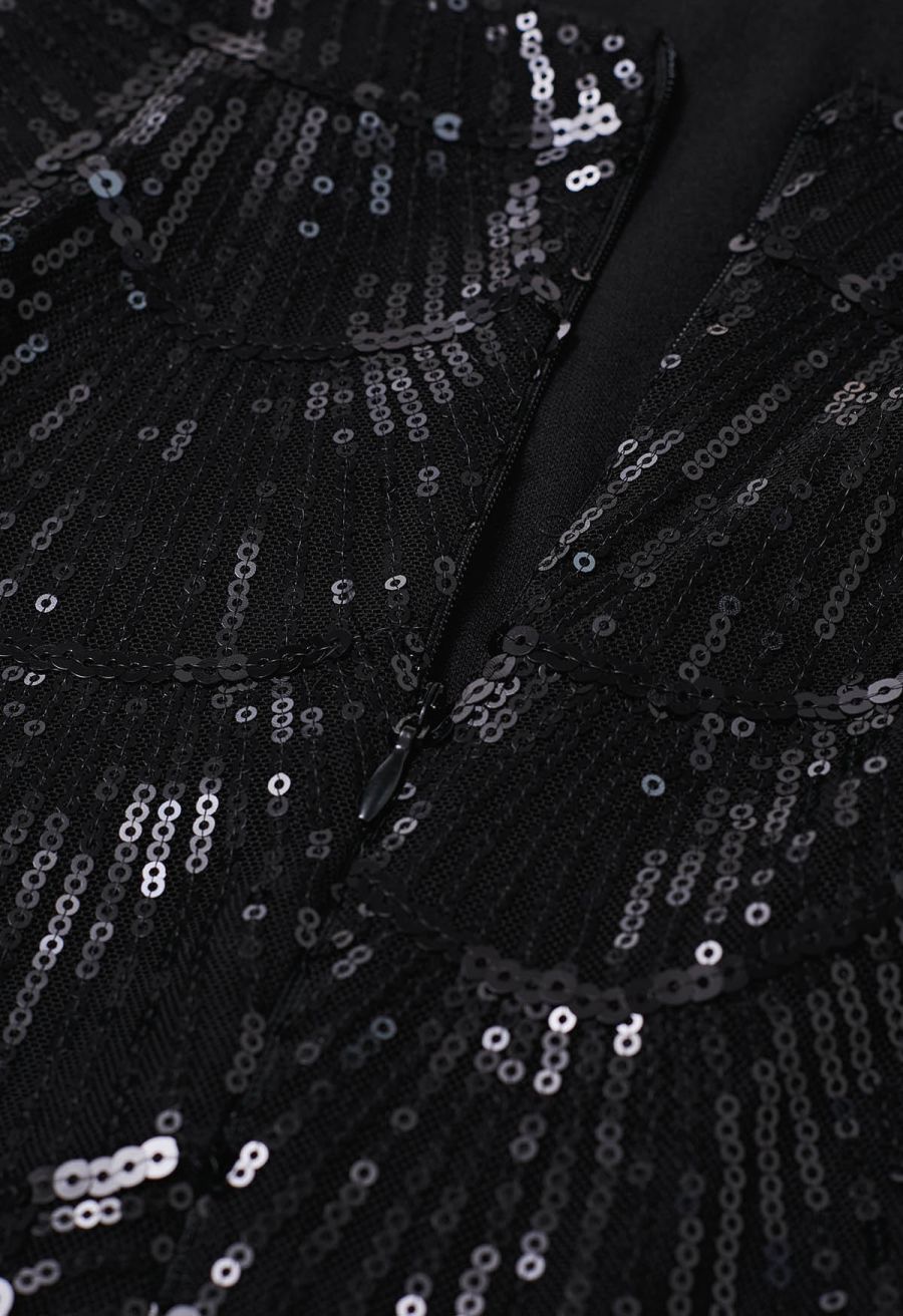 Scallop-Shaped Sequined Pearl Slit Gown in Black