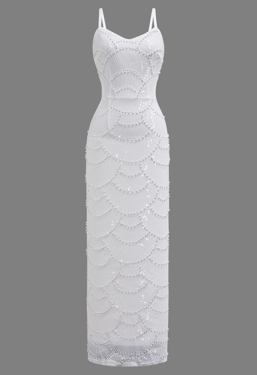 【0.5lbs】Scallop-Shaped Sequined Pearl Slit Gown in White