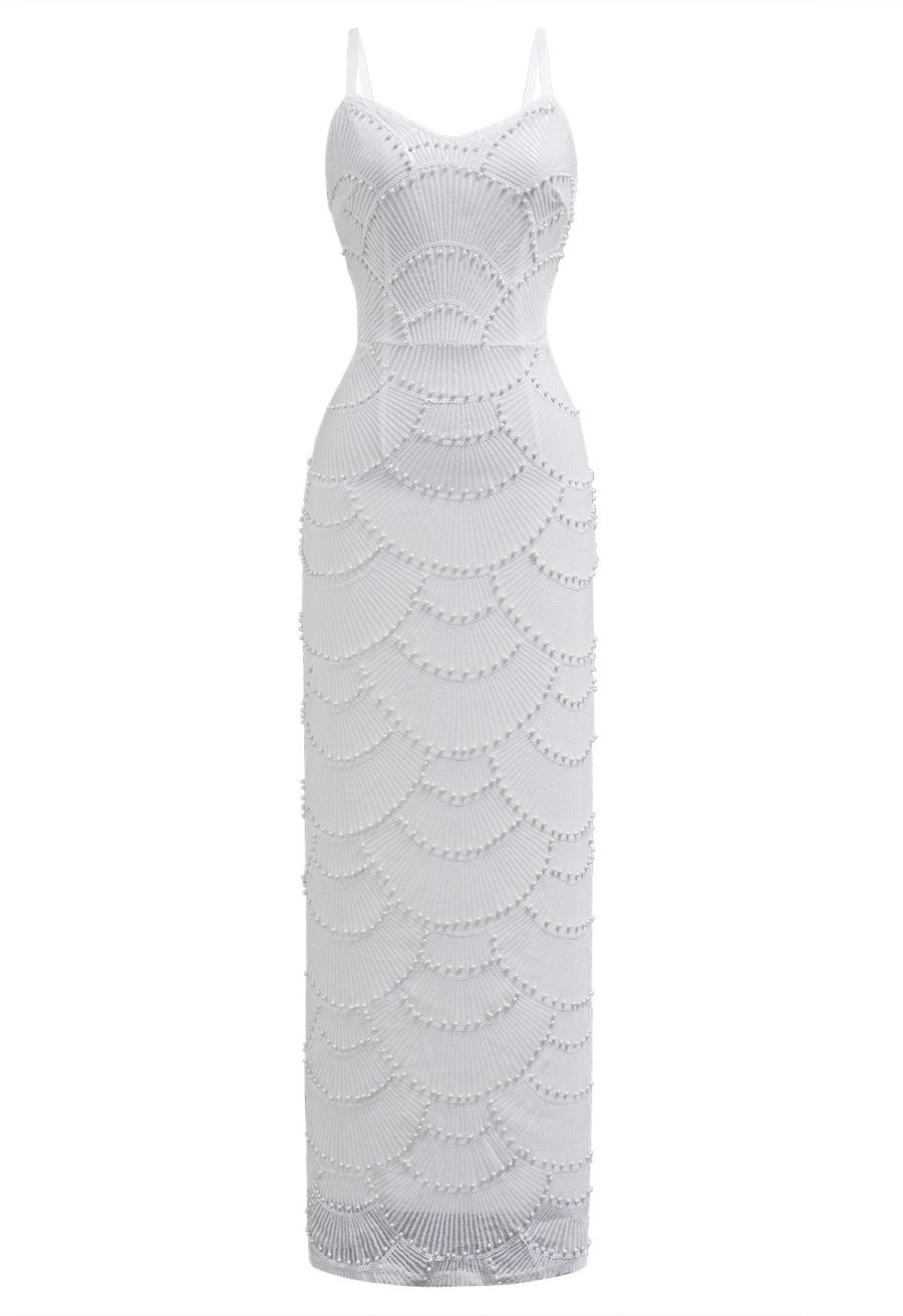 【0.5lbs】Scallop-Shaped Sequined Pearl Slit Gown in White