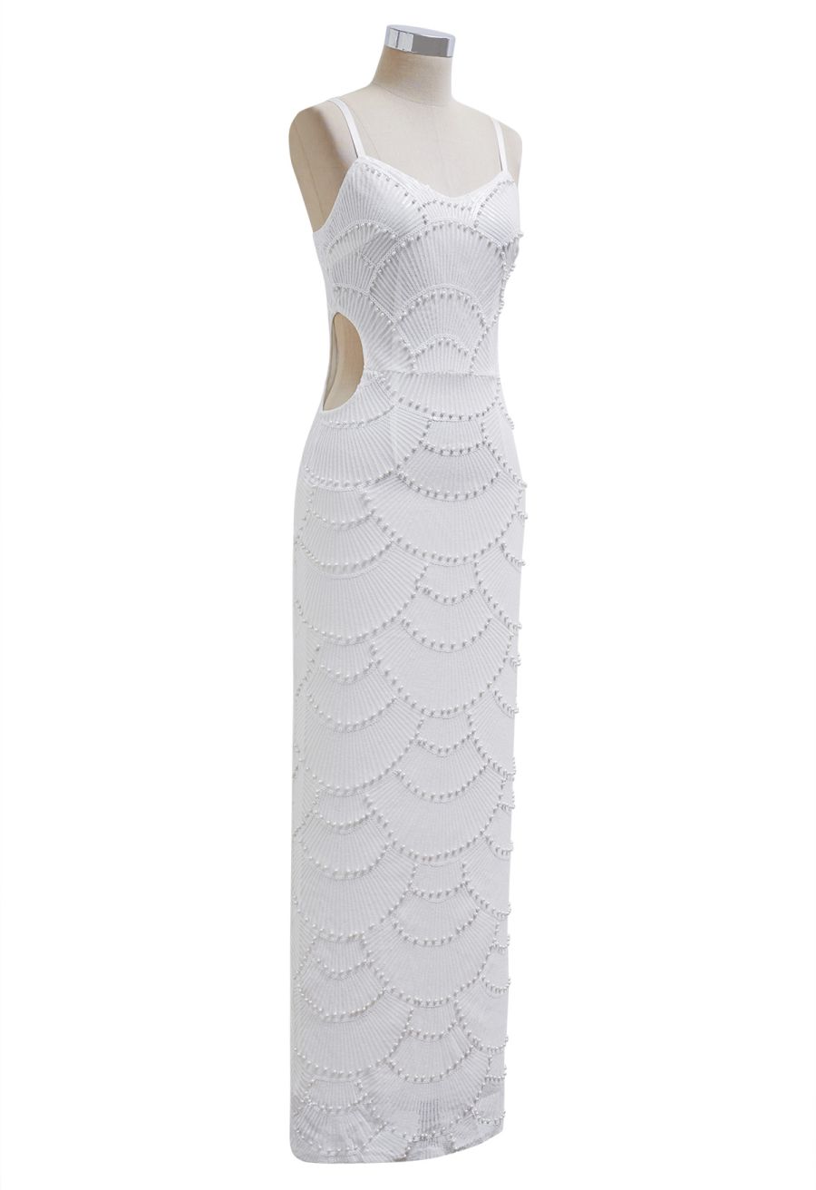 【0.5lbs】Scallop-Shaped Sequined Pearl Slit Gown in White