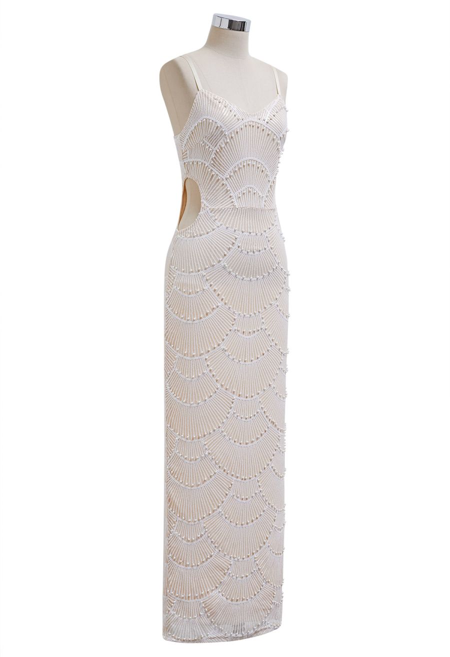 Scallop-Shaped Sequined Pearl Slit Gown in Apricot