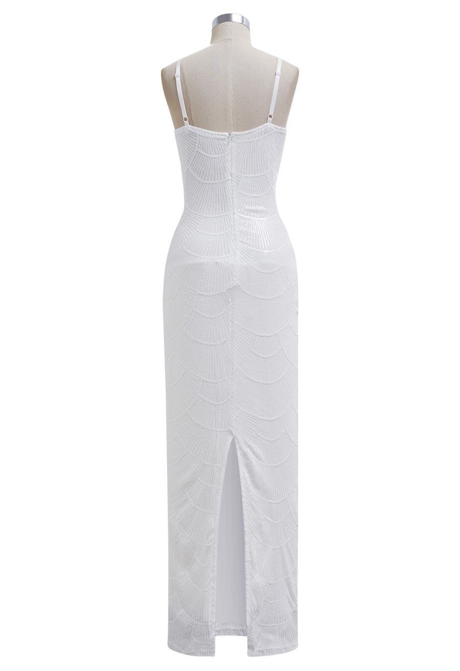 【0.5lbs】Scallop-Shaped Sequined Pearl Slit Gown in White