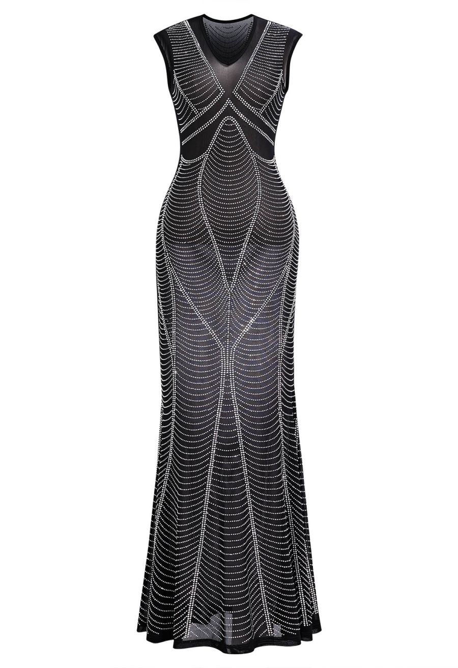 V-Neck Rhinestone Embellished Semi-Sheer Mesh Gown