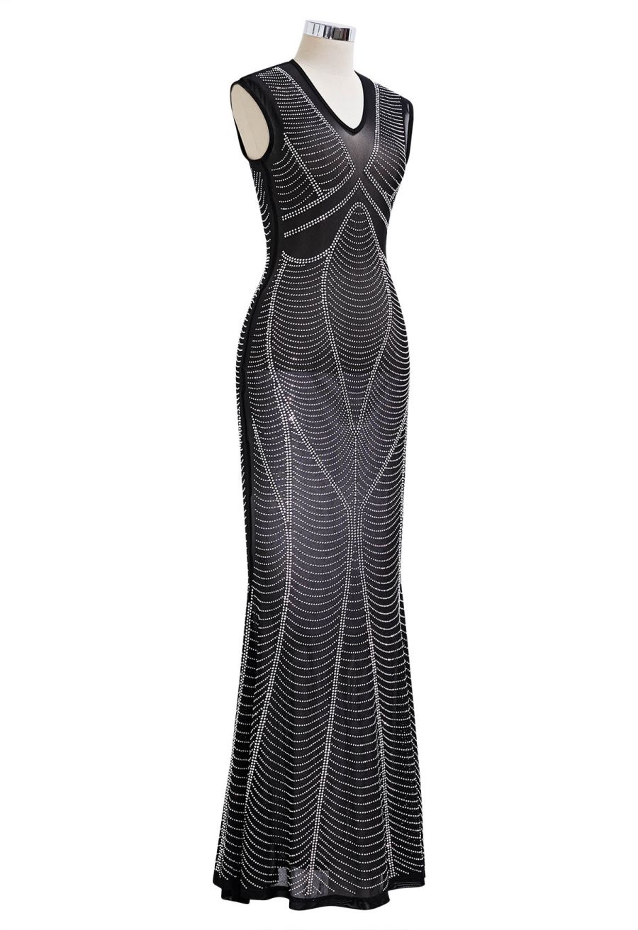 V-Neck Rhinestone Embellished Semi-Sheer Mesh Gown